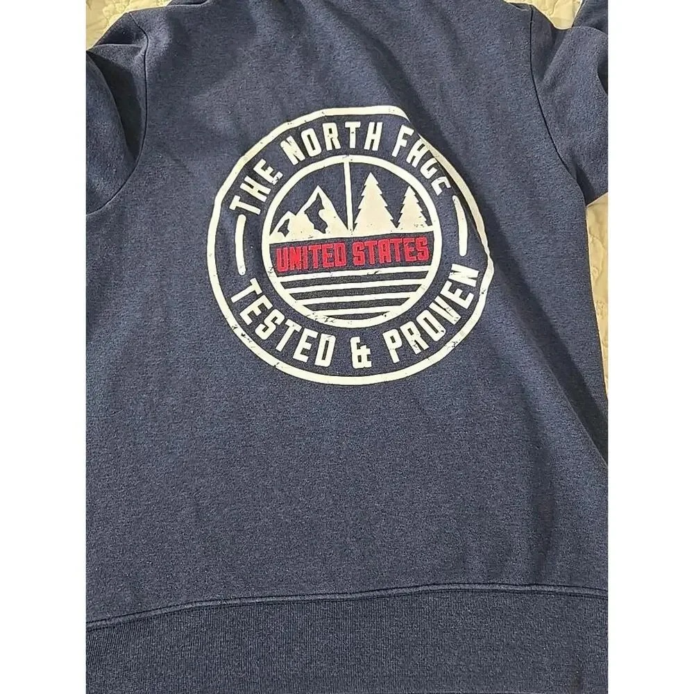 The North Face Mens Small Hoodie Blue USA Tested Proven Graphic Pullover